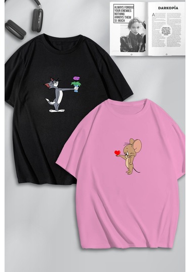 Unisex Kadın Erkek Çiçek Kalp Tom Ve Jerry Baskılı Sevgili Çift Kombini Tasarım Oversize Tshirt 2li Pembesiyah Mck0197 Çok Renkli