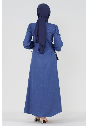 Yanı Bağcıklı Keten Elbise-mavi-3368-mavi Mavi
