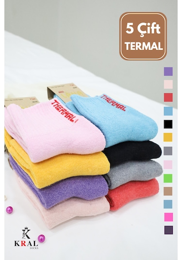 Kadın Çorap 5 Çift Renkli Termal Havlu Kışlık Çorap Isı Emici ASORTİ