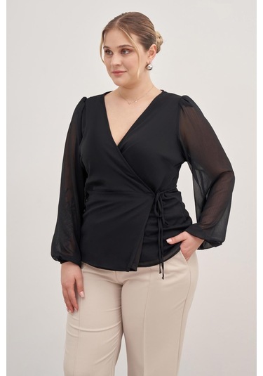 Astarlı Bağlama Detaylı Şifon Bluz-1760 Siyah