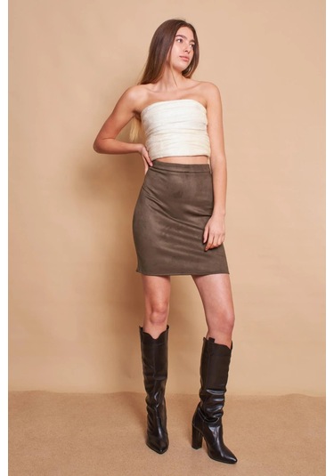 Kadın Hafif Likralı Süet Kumaş Yüksek Bel Diz Üstü Kalem Etek-haki Haki