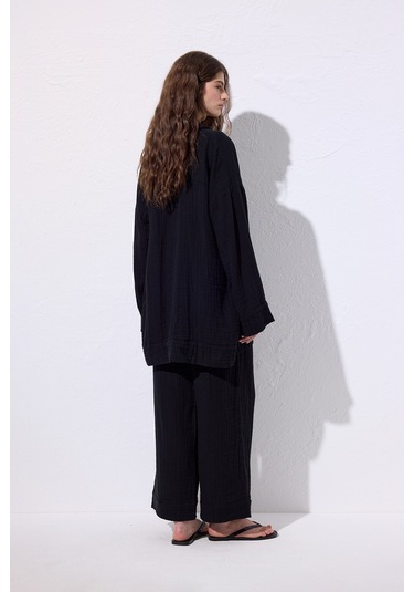 Müslin Geniş Kollu Kimono Siyah Siyah