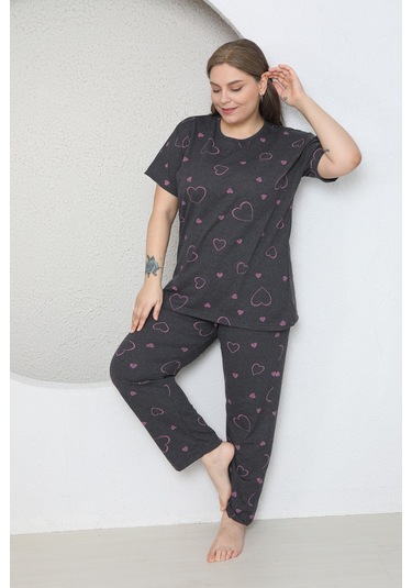 Fames Pijama Büyük Beden Pembe Kalp Desenli Pijama Takim Koyu Füme