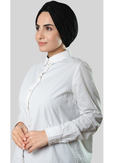 Siyah Çapraz Büzgülü Piliseli Tesettür Bone Fukuro Kendinden Desenli 2316 01 Siyah