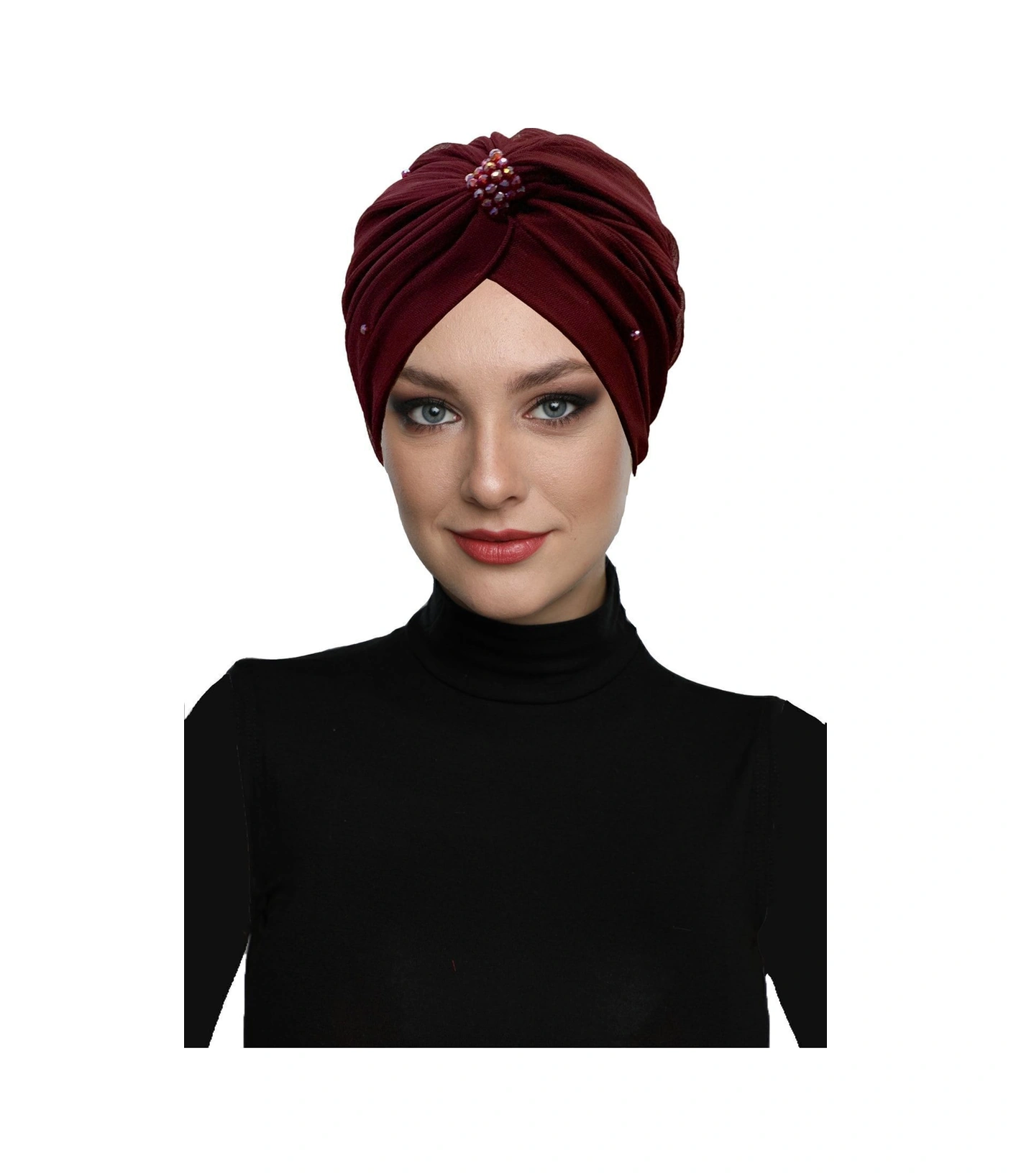 Kristal Tüllü Astarlı Bordo Hazır Türban Tesettür Abiye Bone Bordo