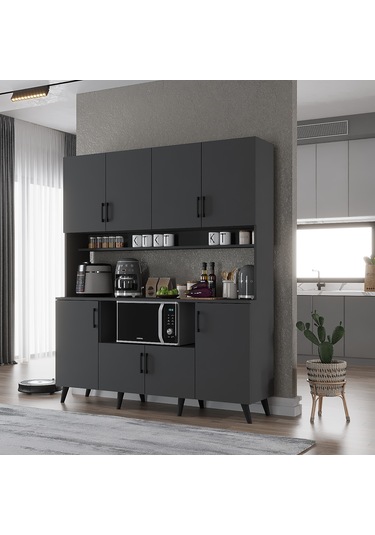 Nora Kahve Köşesi Çok Amaçlı Dolap Kiler Mutfak Dolabı Füme 140cm Antrasit