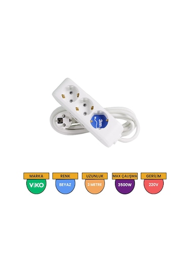 Viko Multi-let 3'lü Grup Priz Topraklı Çocuk Korumalı 3 Metre Beyaz – 90113303