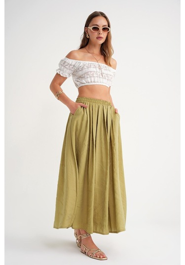 4612 Kadın Yandan Cepli Pileli Bol Etek Olive Olive