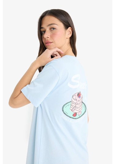 Defacto Regular Fit Bisiklet Yaka Sırt Baskılı Kısa Kollu Gecelik-fall İn Lov F6106ax25smbe343 Mavi