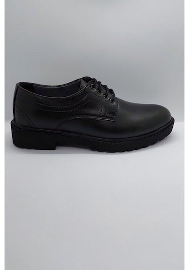 %100 El İşçiliği Rahat Taban Bağcıklı Siyah İmalat Deri Ayakkabı Siyah