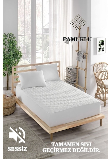 Sessiz Pamuklu Alez Yatak Koruyucu Kapitoneli Fitted Beyaz Tek Kişilik