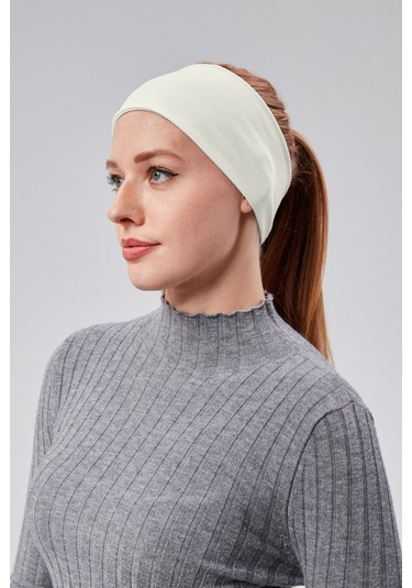 Kadın Spor Saç Bandı Bandana Penye Esnek Bone Dikissiz Ekru