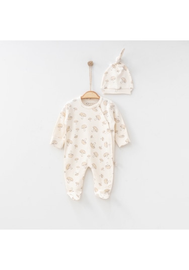 O'baby Mantar Baskılı Tulum Kız/Erkek 0/3/6Ay Patikli Bebek Tulum Krem