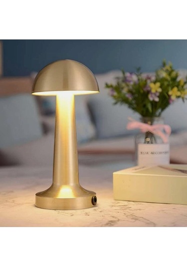 Mantar Başlı Masa Lambası Şarjlı Dokunmatik Gece Işığı Lüks Başucu Lambası Eskitme Gold