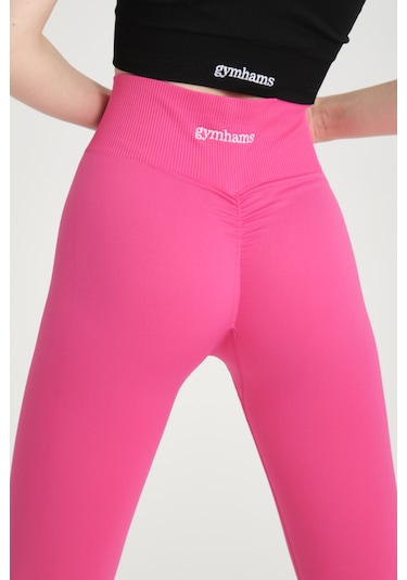 Gymhams Neon Pembe Kalçası Büzgülü Kalça Şekillendirici Push Up Yüksek Bel Spor Tayt Pembe