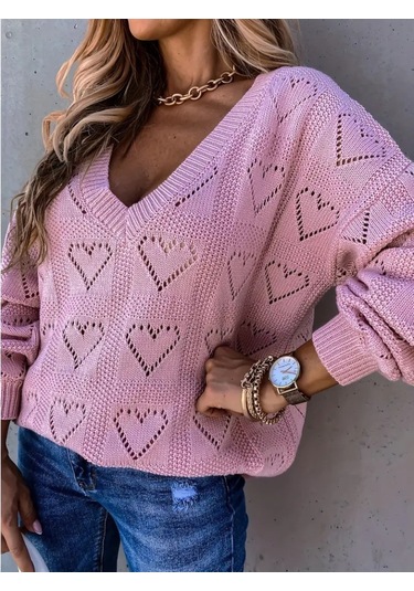 Pazarella Kadın Uzun Kollu V Yakalı Kalpli Salaş Triko Bluz Pembe