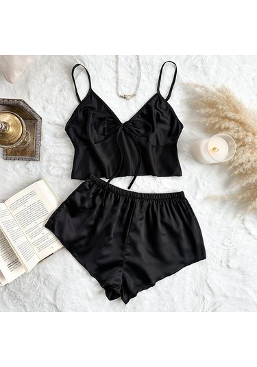 Buz İpek Atlet Pijama Kadın Moda İki Parça Ev Giyim İnce Ev Askılı Şort Takımı Siyah