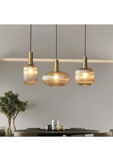 Rsylight Rustik Dekoratif Metal Modern Masa Üstü Eskitme Kaplama Bal Opal Camlı 3 Lü Avize Eskitme