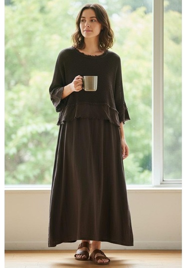 İtalyan Saçak Detaylı Müslin Keteni Yırtmaçlı Elbise - Bluz & 2'li Takım Koyu Kahve