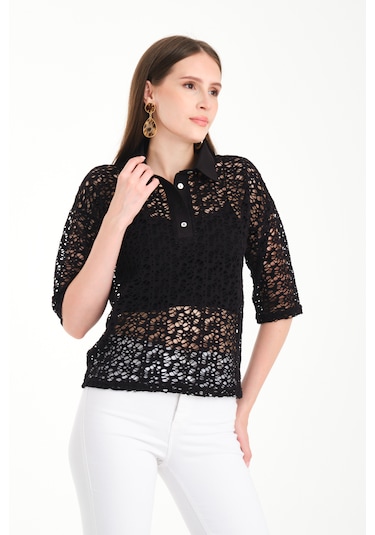 Polo Yaka Dantel Gömlek Siyah