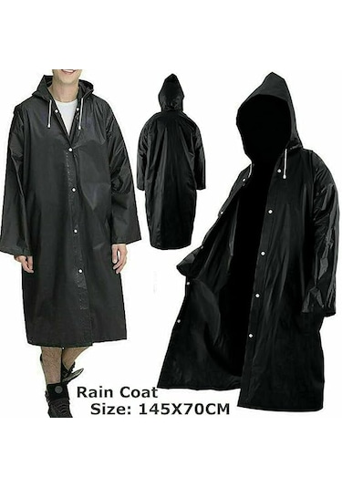 Su Geçirmez Eva Kumaş Yağmurluk Siyah Kapşonlu Çıtçıtlı Yağmurluk Siyah