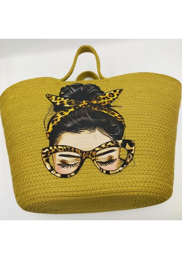 Hasır Çanta, Plaj Çantası, Baskılı Kadın El Ve Omuz Çantası Yeşil