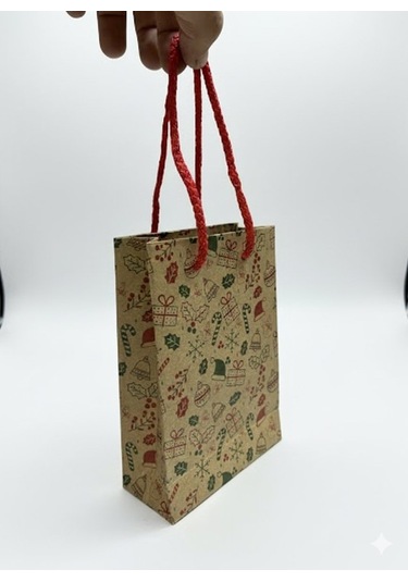 Yılbaşı Desenli Kraft Karton Çanta Seti - 6lı, Kırmızı Saplı Parti, Noel, Hediye Çantası, 12x17 Cm Standart