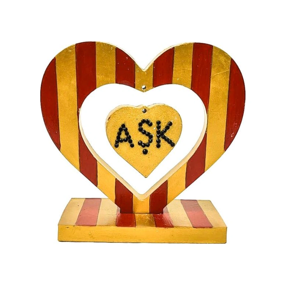 Uretti - Hülya 6683 1524 Sarı Kırmızı El Yapımı Çizgili Kalp Şeklinde Dekoratif / Hediyelik Obje 1 Adet