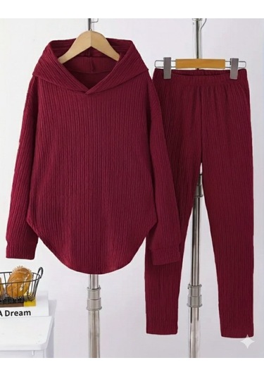 S-pazarım Kadın Uzun Kollu Kapşonlu Meloni Bluz Ve Pantolon Ikili Takım Bordo