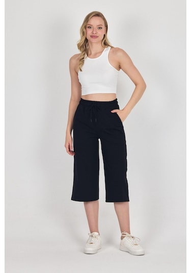 Yüksek Bel Cepli Rahat Kesim Mevsimlik Kadın Diz Altı 4'lü Bermuda Siyah-lacivert-gri-antrasit Kapri Şort Mtlcb111 - 4 Çok Renkli