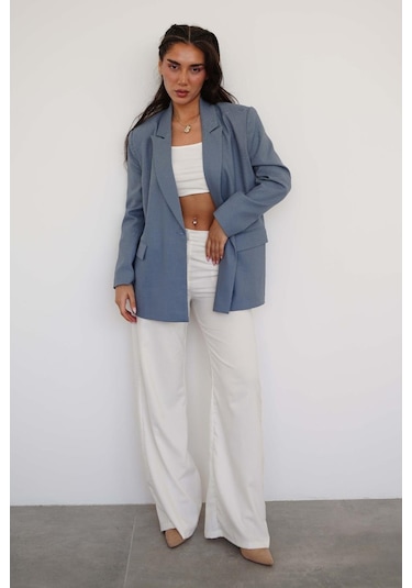 Madmext İndigo Oversize Blazer Kadın Ceket Mg2445 Indıgo
