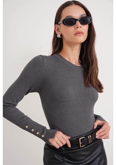 6736 Kadın Bisiklet Yaka Kolu Droplu Triko Kazak Antrasit Antrasit