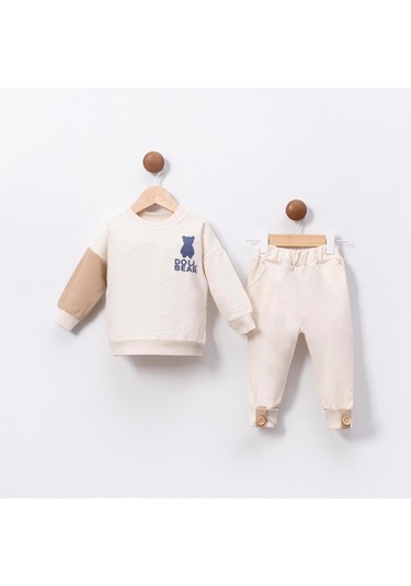 Ayıcık Baskılı Bisiklet Yaka Düğme Detaylı 2'li Bebek Takım Beyaz