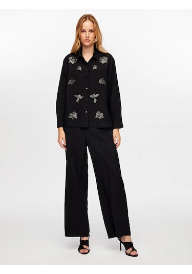 Faik Sönmez Boncuk Nakış Detaylı Tenselli Kadın Gömlek W26gml010 Siyah