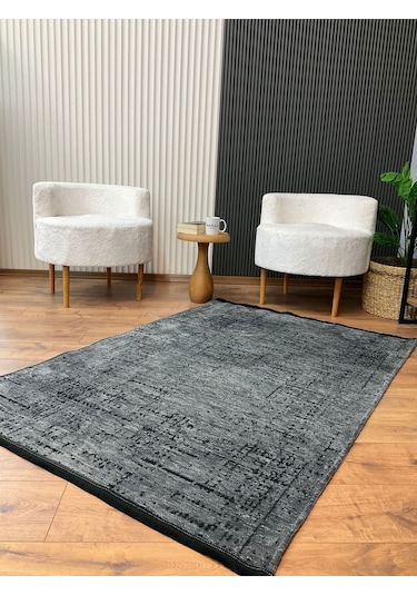 Şönil Dokuma Kayma Yapmaz Makinede Yıkanabilir Leke Tutmaz Kesme Bohem Kilim Antrasit 2 Gri