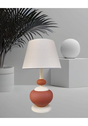 Athyra Abajur Kırmızı Seramik Krem Metal Krem Şapka Kırmızı