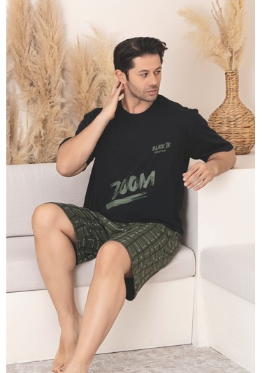 Büyük Beden Pamuklu Cepli Kısa Kollu Şortlu Erkek Pijama Takımı Siyah