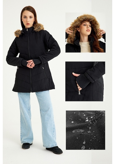 Barbora Kışlık Eldivenli Kapüşonlu Kürklü Kadın Şişme Mont Bt121siyah5 001