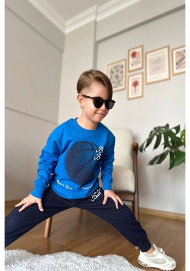 Basketball Yazı Desenli Mavi Renk Erkek Çocuk Eşofman Takımı Mavi