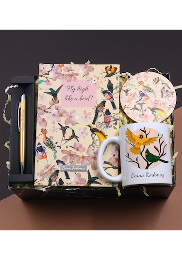 Kişiye Özel Kuş Motifli Ofis Hediye Seti Defter & Kupa & Bardak Altlığı & Roller Kalem Kırtasiye Hediye Seti Öğretmene Hediye