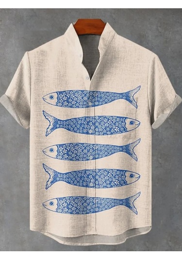 Snapbuy Retro 3d Sanat Baskılı Çizgili Balık Desen Keten Erkek Gömlekblack Black