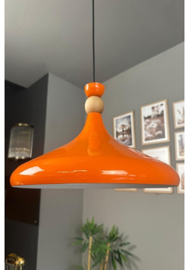 Parlak Turuncu Ahşap Şapka Tekli Avize Sarkıt Salon Mutfak Cafe Butik Lamba Aydınlatma Avizeler Turuncu