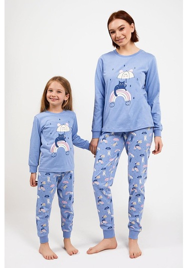 Kız Çocuk Pamuklu Uzun Kollu Kedili Pijama Takımı-11394 Indigo