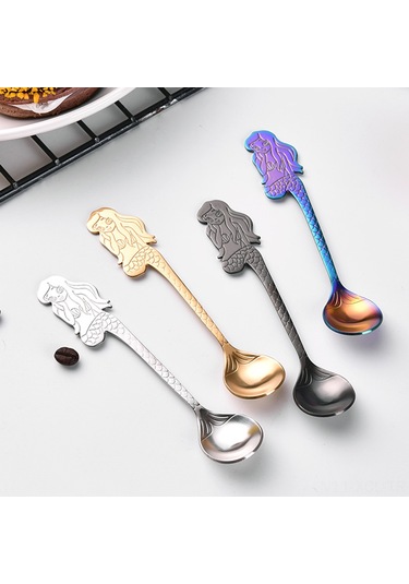 Konesam 304 Çelik Deniz Kızı Desenli Altın Renkli Çay Kahve Kaşığı, Ev Partisi Hediyelik Spoon, Opp Çanta İle Paketli Diğer