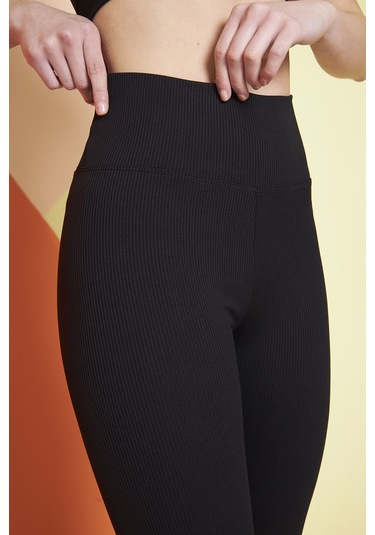 Haki Yüksek Bel Fitilli Toparlayıcı İnterlok Örme Şardonlu Spor Kışlık Tayt SiYAH