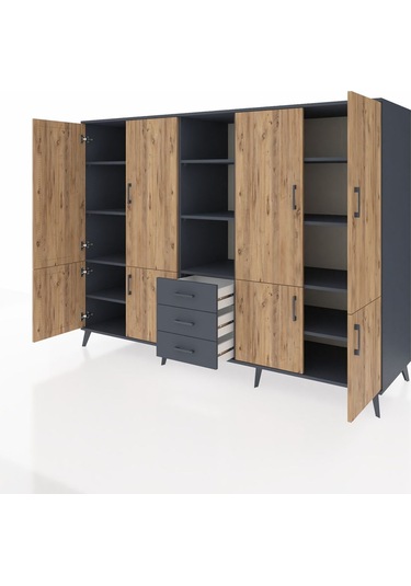 Kronos Dolap 11 Raflı 3 Çekmeceli 8 Kapaklı 220x59x163 Antrasit-ç Antrasit-çam/antrasit