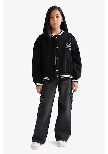 Defacto Kız Çocuk Okula Dönüş Slogan Baskılı Bisiklet Yaka Kalın Sweatshirt Kumaşı Hırka F2194a825aubk81 Siyah