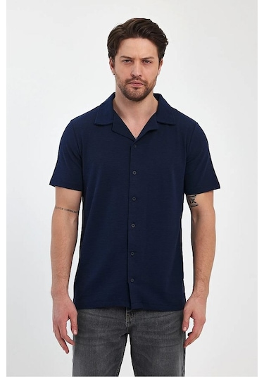 Erkek Rahat Kalıp Ottoman Kumaş Nefes Alabilen Pamuklu Apaş Yaka Gömlek Lacivert