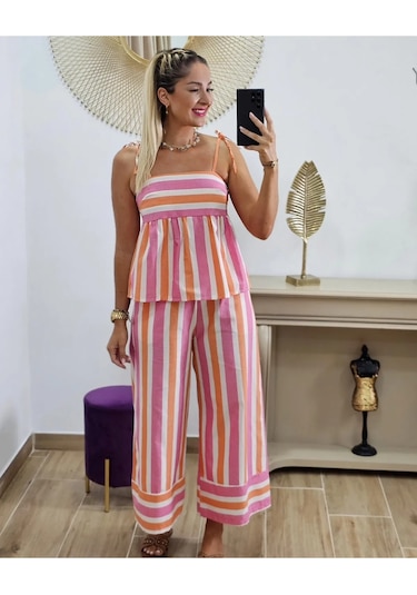 Lolipop Pastel Çizgili Beli Bol Salaş Askılı Rengarenk Yazlık Tatil Pantolon Bluz Takım Pembe