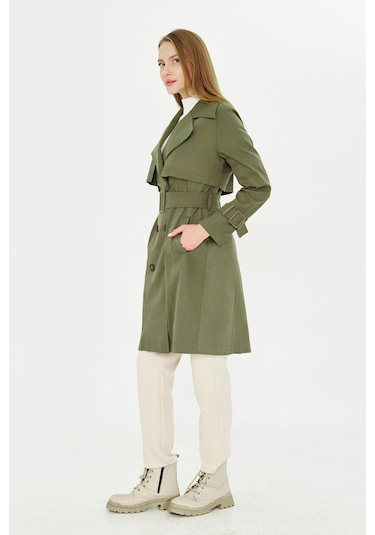 Pastelastore Esnek Pamuk Gabardin Midi 95cm Astarsız Kadın Trençkot 1118 Haki Yeşil